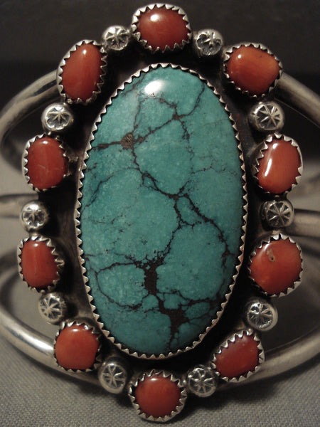 Absolutely Huge Vintage Navajo Green Spider Turquoise Silver Coral Bracelet