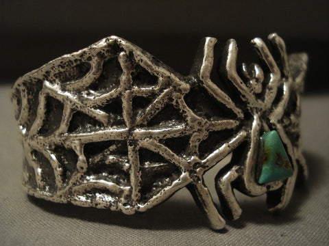 Look At That Silver Work Navajo Silver Spier Green Turquoise Spider Bracelet
