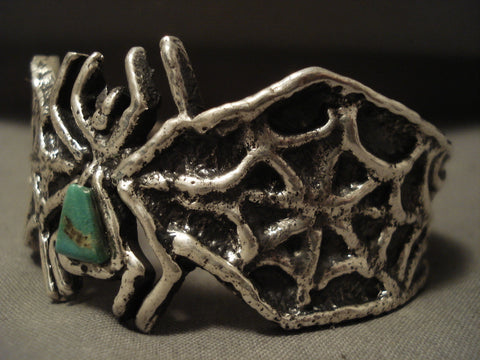 Look At That Silver Work Navajo Silver Spier Green Turquoise Spider Bracelet