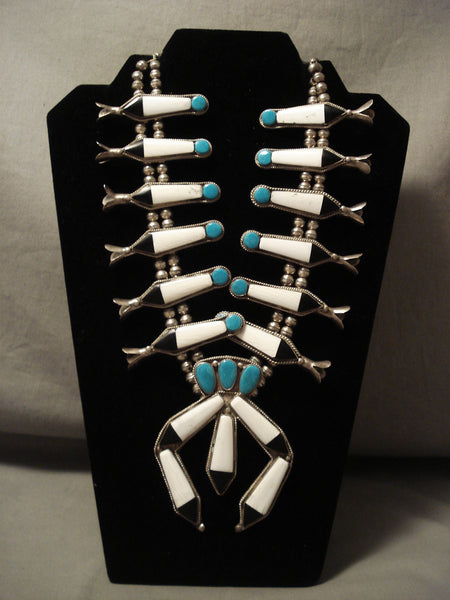 Opulent Vintage Navajo Possible Piano Key Turquoise Squash Blossom Necklace