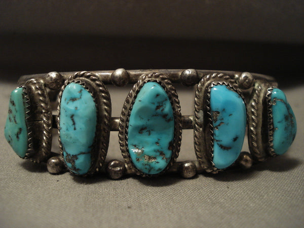 Superior Vintage Navajo Chunky Turquoise Silver Leaf Bracelet