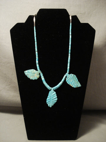 Early 1900's Vintage Navajo Hand Caqrved Turquoise Leaf Silver Necklace