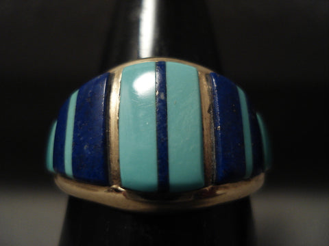 Solid 14k Gold Increasing Turquoise Lapis Vintage Zuni/ Navajo Ring