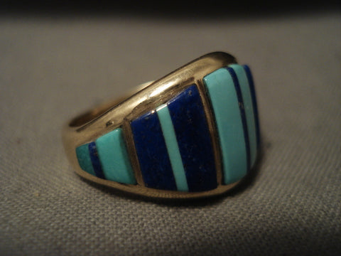 Solid 14k Gold Increasing Turquoise Lapis Vintage Zuni/ Navajo Ring