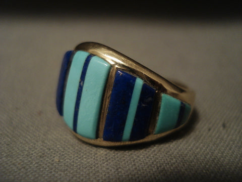 Solid 14k Gold Increasing Turquoise Lapis Vintage Zuni/ Navajo Ring