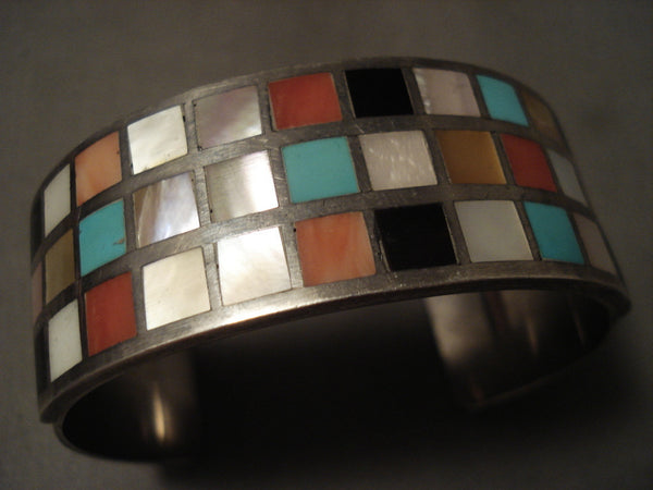 Very Old And Heavier Vintage Zuni 'Checkerboard Turquoise' Silver Bracelet