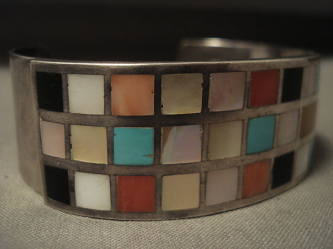 Very Old And Heavier Vintage Zuni 'Checkerboard Turquoise' Silver Bracelet