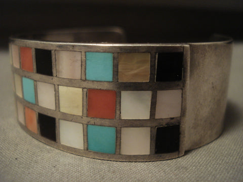 Very Old And Heavier Vintage Zuni 'Checkerboard Turquoise' Silver Bracelet