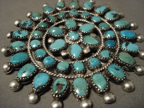 Huge Early Vintage Zuni/ Navajo Turquoise Star Silver Pin