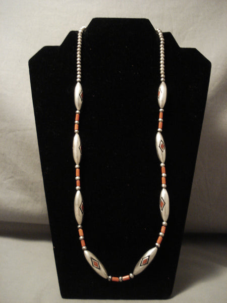 Early Vintage Navajo Advanced Tehnique 'Tubule Coral Inlaid' Hvy Silver Necklace