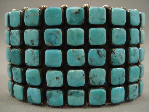 Absolutely Stunning Navajo Squared Blue Diamond Turquoise Silver Bracelet