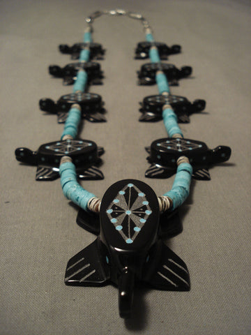 Completely Hand Carved Zuni Turtle Turquoise Necklace