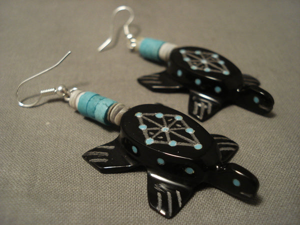 Completely Hand Carved Zuni Turtle Turquoise Inlaid Earrings