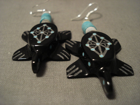 Completely Hand Carved Zuni Turtle Turquoise Inlaid Earrings