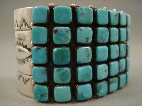 Absolutely Stunning Navajo Squared Blue Diamond Turquoise Silver Bracelet