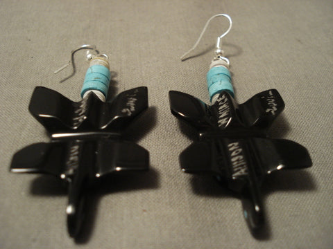 Completely Hand Carved Zuni Turtle Turquoise Inlaid Earrings