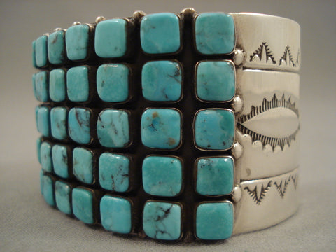 Absolutely Stunning Navajo Squared Blue Diamond Turquoise Silver Bracelet