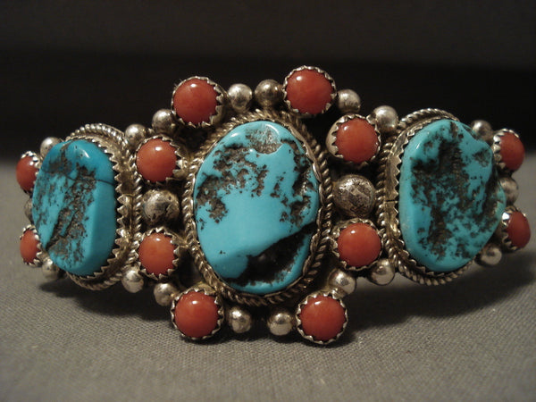 Stunning Vintage Navajo Persin Turquoise Coral Satellite Silver Bracelet Old