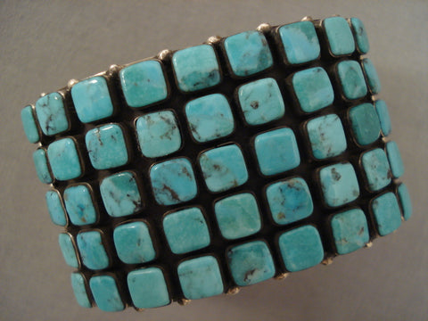 Absolutely Stunning Navajo Squared Blue Diamond Turquoise Silver Bracelet