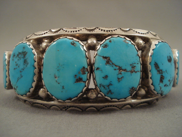 Rare Natural Turquoise Vintage Navajo Silver Sunstamp Bracelet