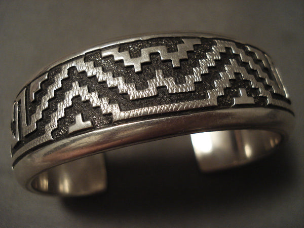 Advanced Silver Work Vintage Navajo Thick Geometric Silver Bracelet