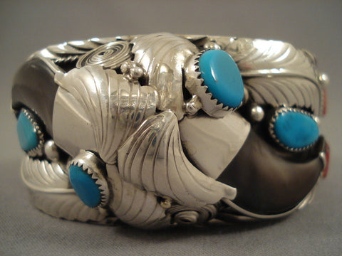 Duel Bear Navajo Powerful Turquoise Silver Leaf Bracelet