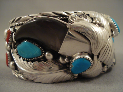 Duel Bear Navajo Powerful Turquoise Silver Leaf Bracelet