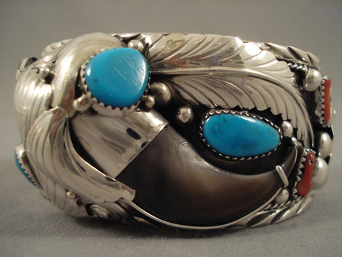 Duel Bear Navajo Powerful Turquoise Silver Leaf Bracelet