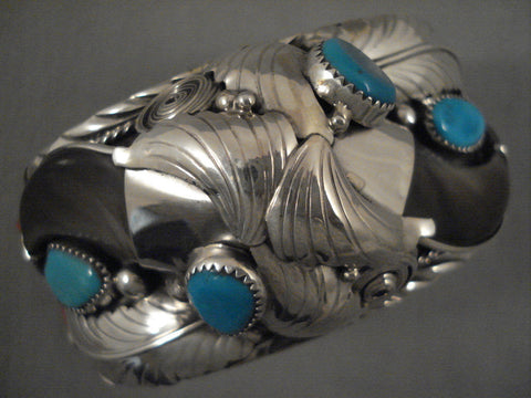 Duel Bear Navajo Powerful Turquoise Silver Leaf Bracelet