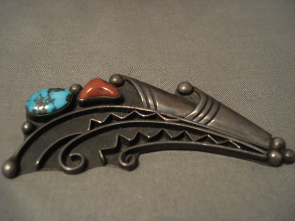 Important Vintage Navajo Persin Turquoise Silver Pin Old