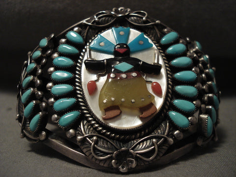 Opulent Vintage Zuni Kachina Dancer Silver Turquoise Bracelet