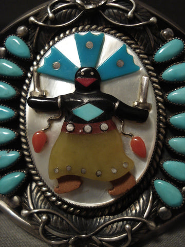 Opulent Vintage Zuni Kachina Dancer Silver Turquoise Bracelet
