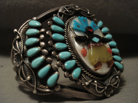 Opulent Vintage Zuni Kachina Dancer Silver Turquoise Bracelet