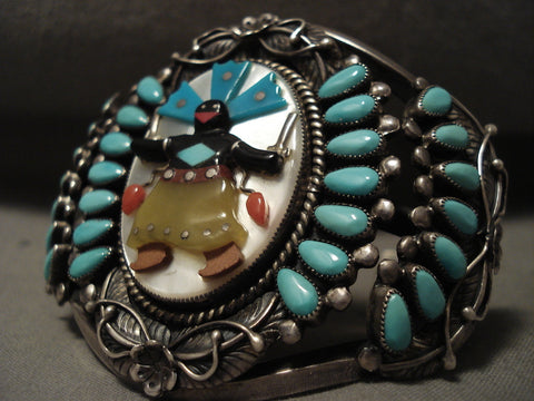 Opulent Vintage Zuni Kachina Dancer Silver Turquoise Bracelet