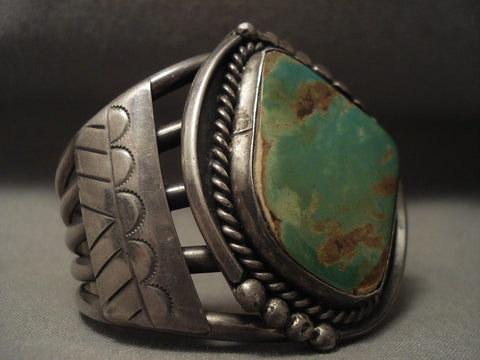 Huge Huge Vintage Navajo Natural Green Turquoise Silver Bracelet Old