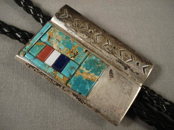 Mosaic Genius Vintage Navajo Green Turquoise Coral Silver Bolo Tie Old