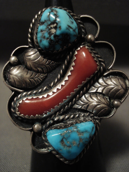 Huge Vintage Navajo Persin Turquoise Coral Silver Ring