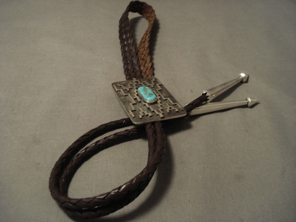 Very Important Vintage Navajo Tommy Jackson Natural Turquoise Silver Bolo Tie