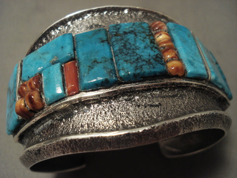 Incredible Navajo Charles Loloma Style Turquoise Spiny Oyster Silver Bracelet