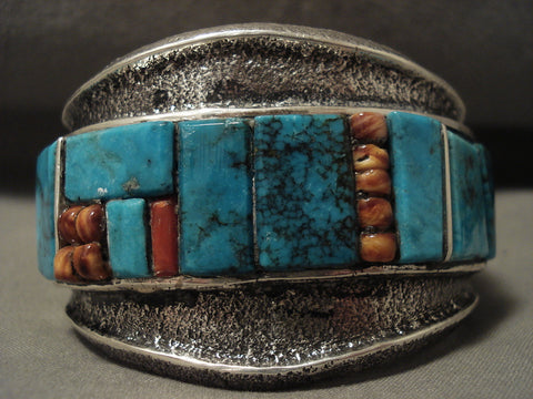 Incredible Navajo Charles Loloma Style Turquoise Spiny Oyster Silver Bracelet