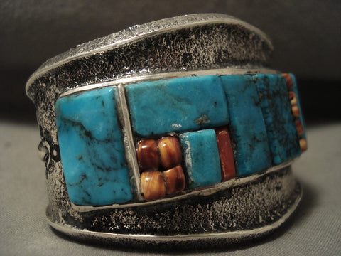 Incredible Navajo Charles Loloma Style Turquoise Spiny Oyster Silver Bracelet