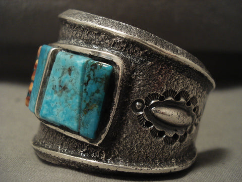 Incredible Navajo Charles Loloma Style Turquoise Spiny Oyster Silver Bracelet