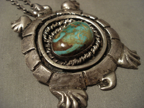 Heavy Heavy Vintage Navajo Turtle Natural Turquoise Silver Necklace