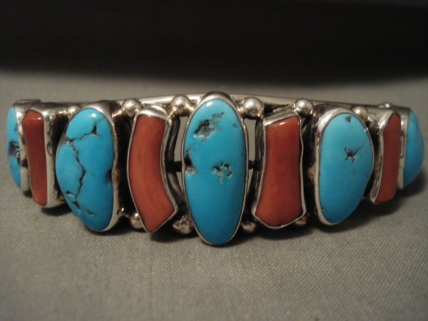 Important Vintage 'Navajo Guild' Turquoise Coral Silver Bracelet