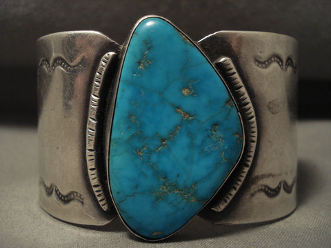 Huge Vintage Navajo Old Blue Gem Turquoise Silver Bracelet