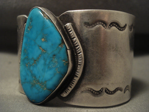 Huge Vintage Navajo Old Blue Gem Turquoise Silver Bracelet
