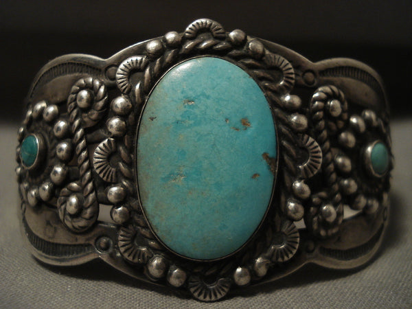 Early Vintage Navajo Natural Turquoise Silver Swirl Bracelet