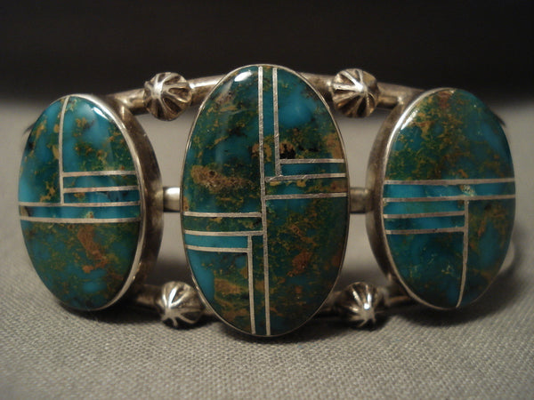 Extreme Inlay Vintage Navajo Royston Turquoise Silver Bracelet