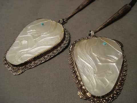 Huge Huge Men's Pearl Turquoise Silver Bolo Tie Old