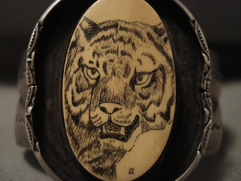 Museum Vintage Navajo 'Hand Carved Scrimshaw' Silver Bracelet Old